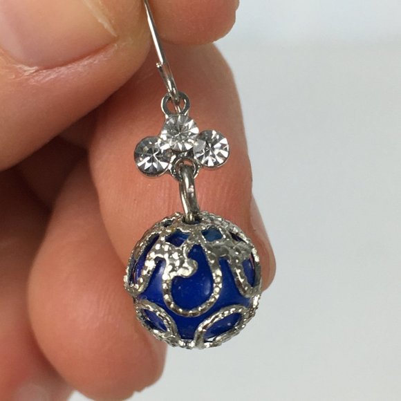 Silver Blue Pierced Earrings Ball Rhinestone Hang - Picture 5 of 5